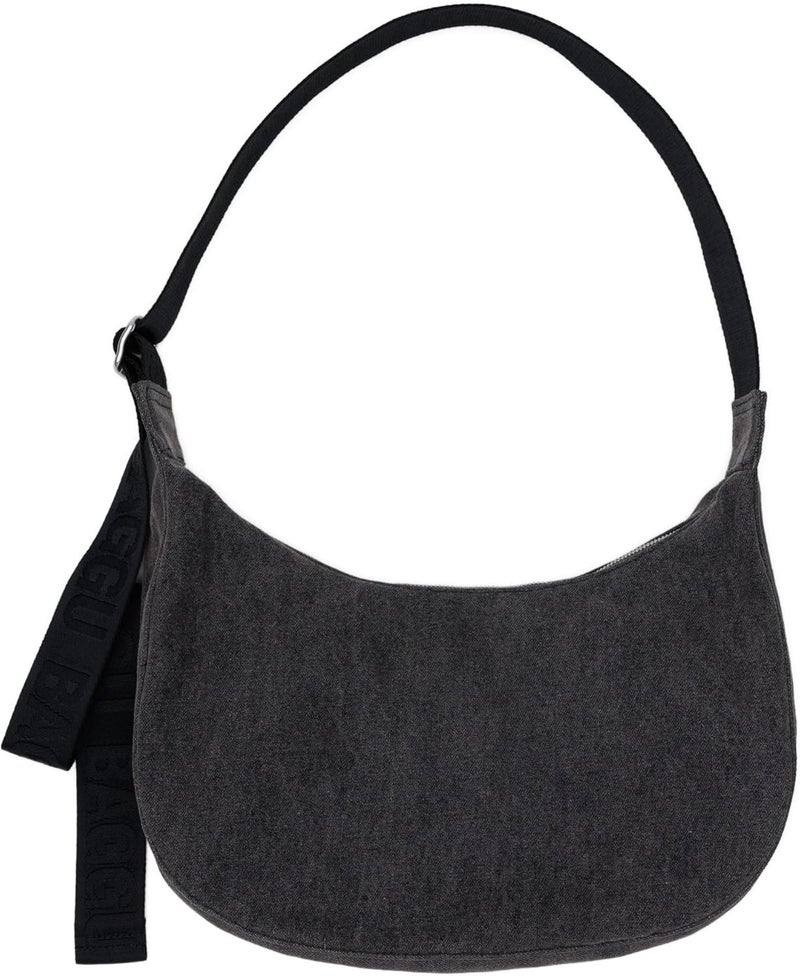 BAGGU Medium Denim Crescent Bag - Washed Black Denim - Image 1
